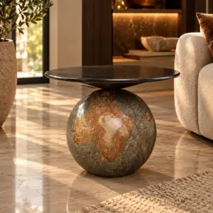 Hand-Carved Biophilic Stone Sphere and Disc Sculpture